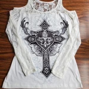 Floral Lace Sheer Graphic Cold Shoulder Top